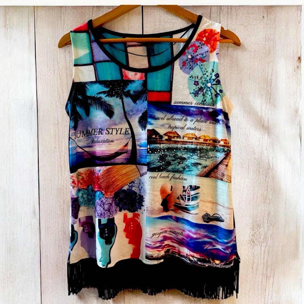 STYLE & COMPANY Fun Tank Top With Fringe SZ S